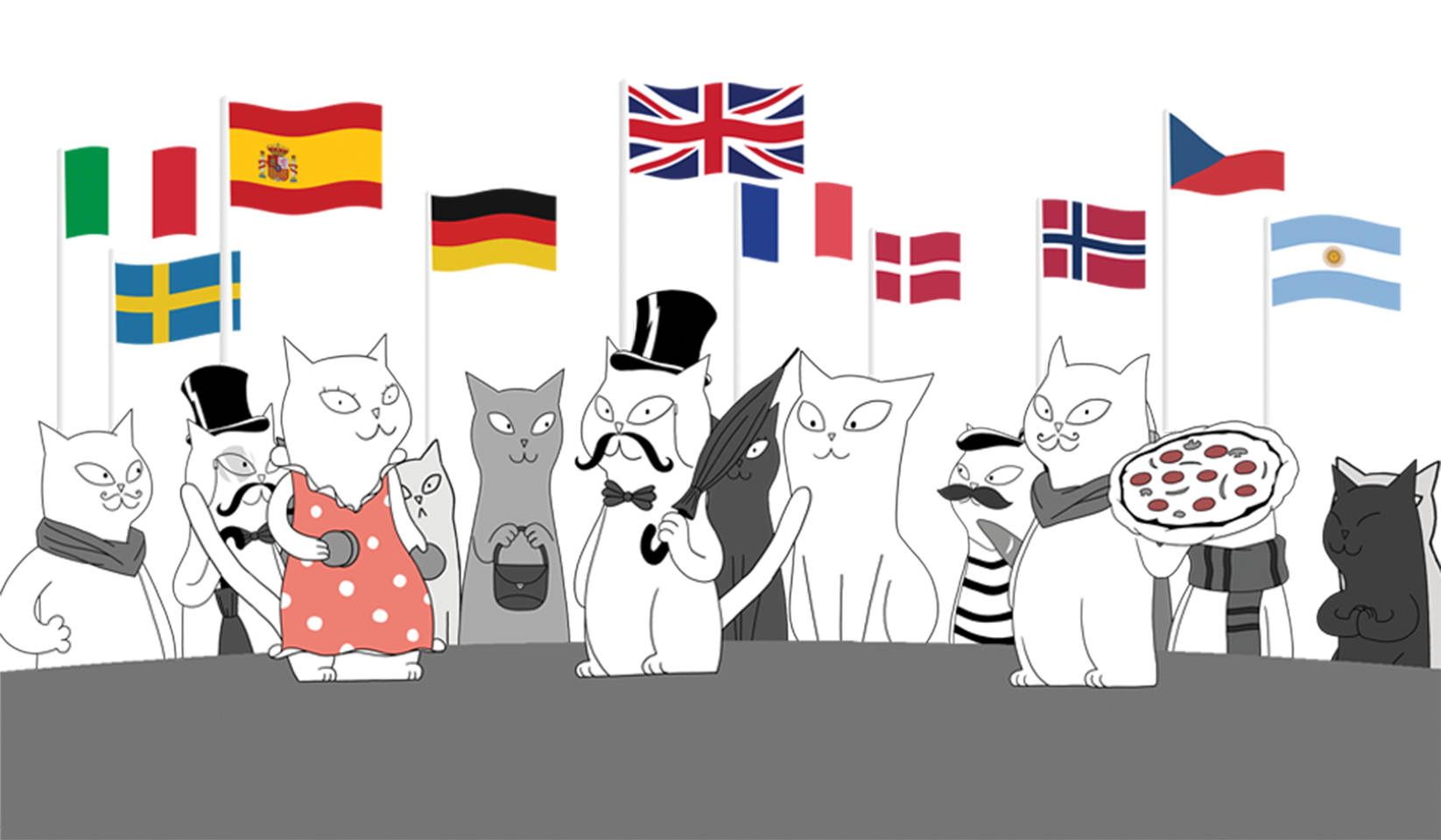 Several cats represent their countries that participated at the the Mercury Challenge