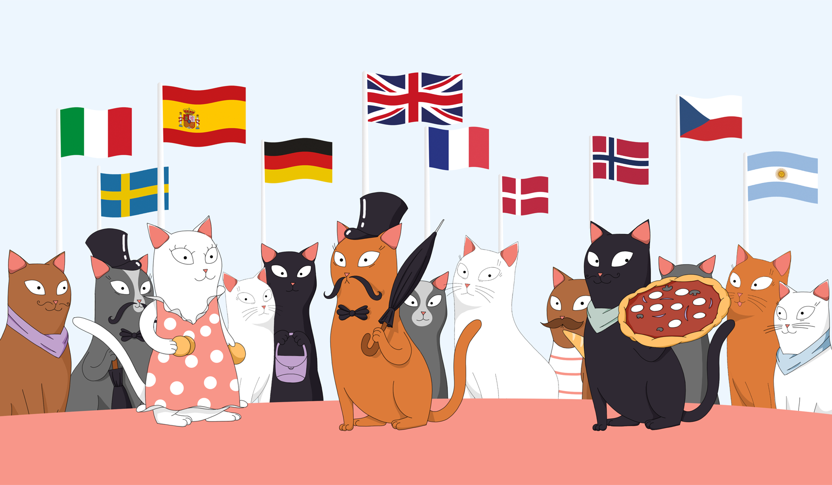 Several cats represent their countries that participated at the the Mercury Challenge