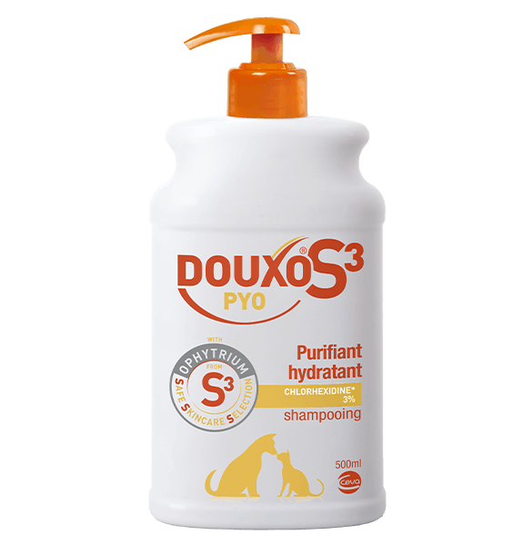 douxo pyo shampooing 500ml et 200ml purifiant et hydratant à la chlorhexidine 3%